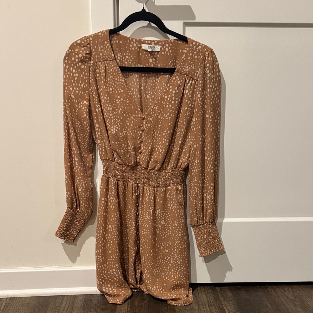 BB Dakota Tan Long Sleeve Dress with White Dots